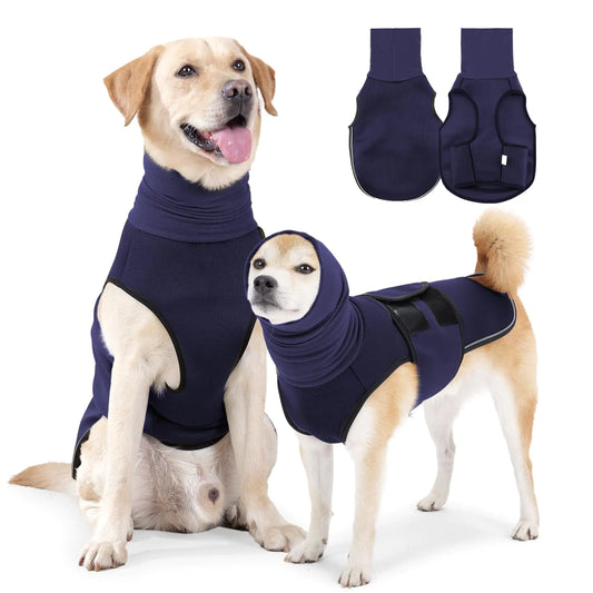 Two dogs wearing navy blue pet anxiety jackets with attached leg covers on a white background.