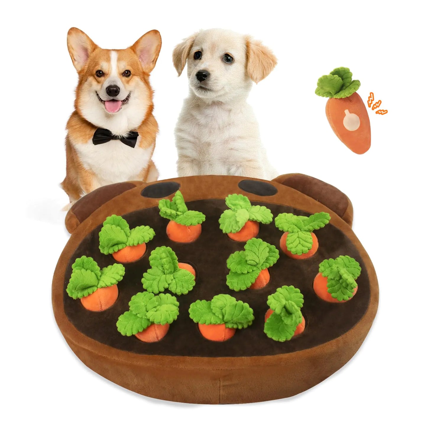 Two dogs with a pet toy shaped like a garden with carrots and plants on a white background.