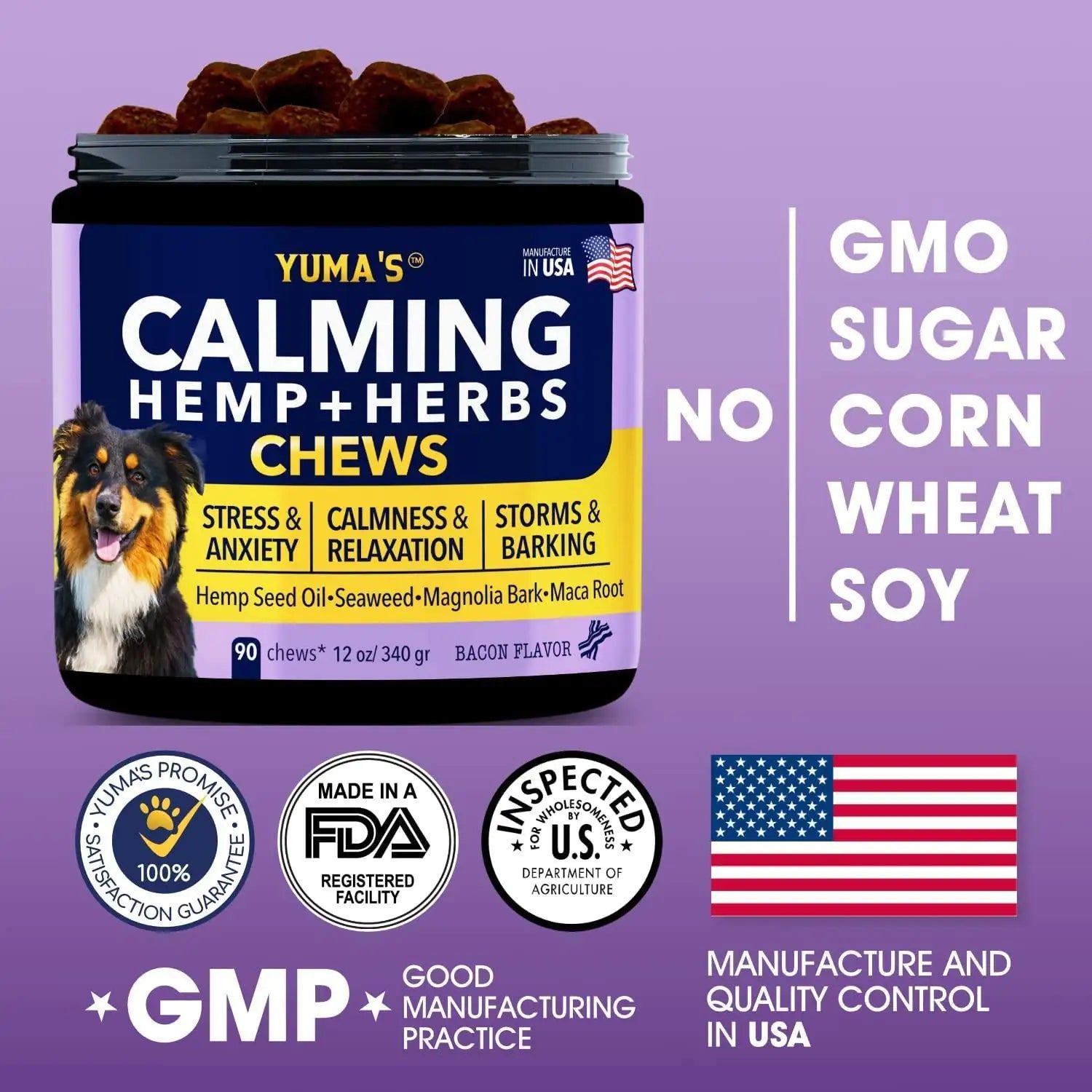 Yuma's Calming Hemp + Herbs Chews packaging on a purple background with product details and certifications.