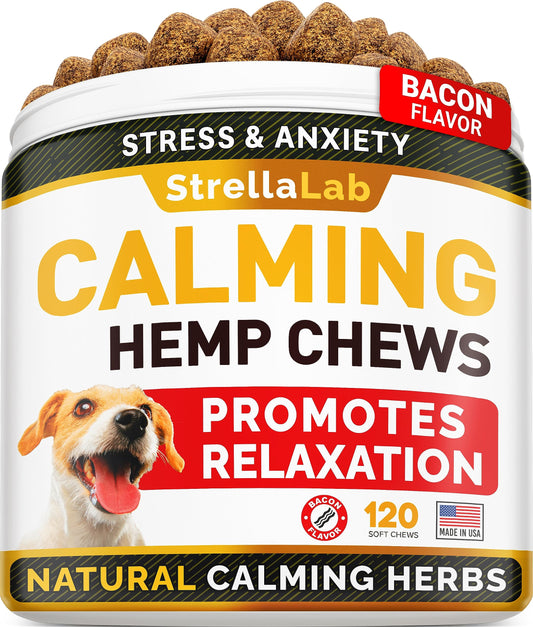 STRELLALAB Hemp Calming Chews for Dogs Anxiety Relief - Made in USA w/Hemp Oil - Dog Training & Behavior Aid - Natural Stress Relief During Firework Storm Separation Barking - 120 Treats
