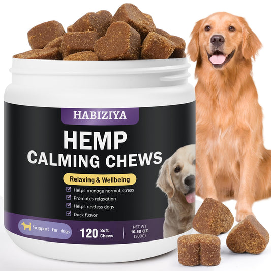 HABIZIYA Hemp Calming Chews for Dogs Dog Calming Treats Anxiety Relief Calming Dog Treats Aid with Separation Barking Stress Relief Thunderstorms Duck Flavor 120 Counts