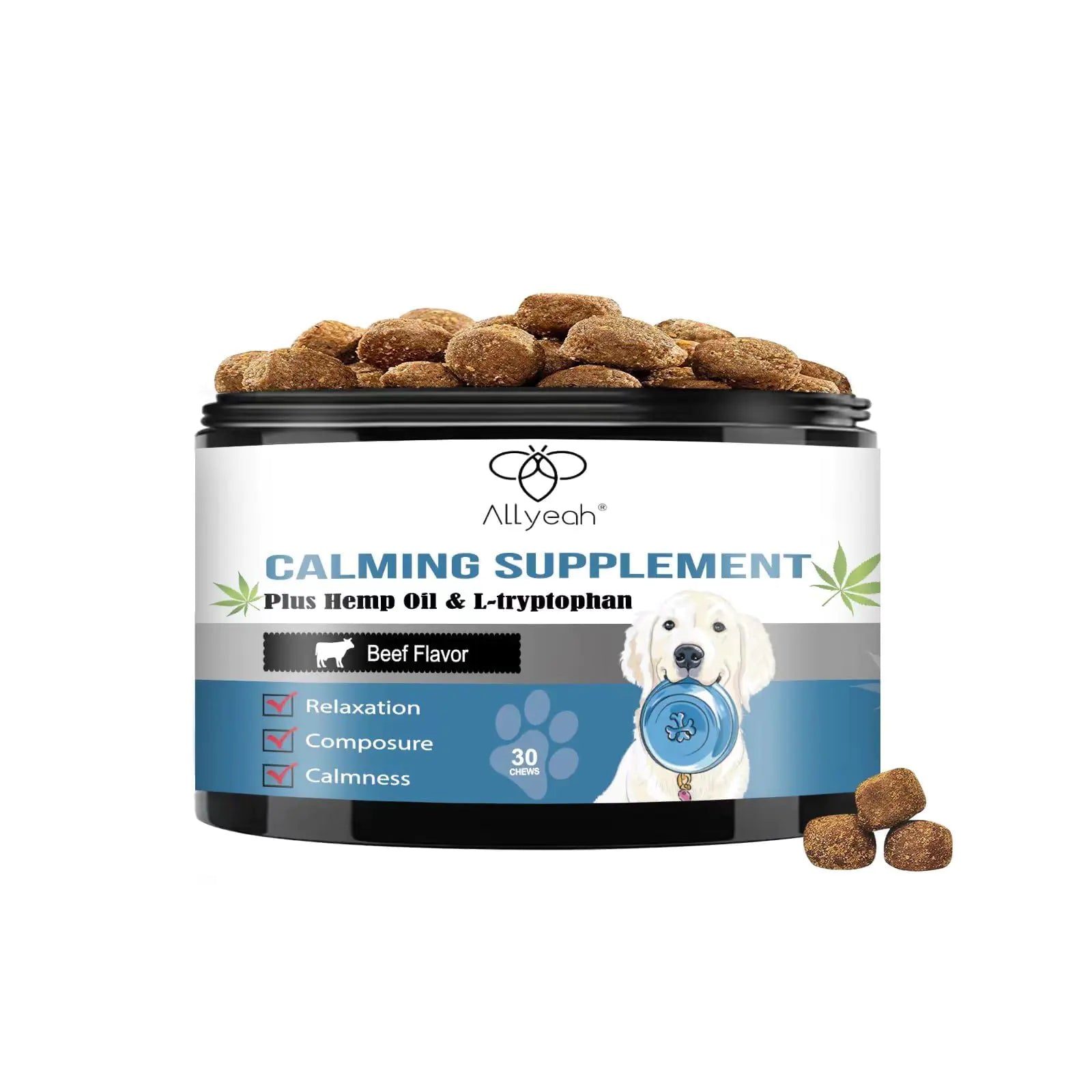 Allyeah calming supplement for dogs with a container of treats on a white background