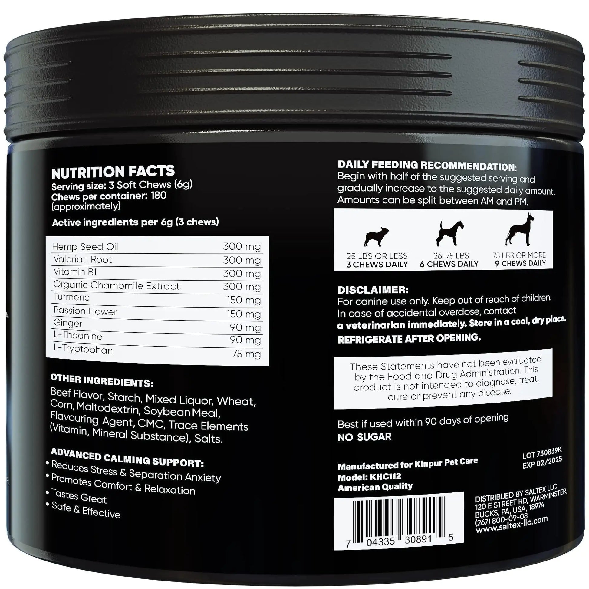 Back label of a black container with nutritional information and usage instructions.