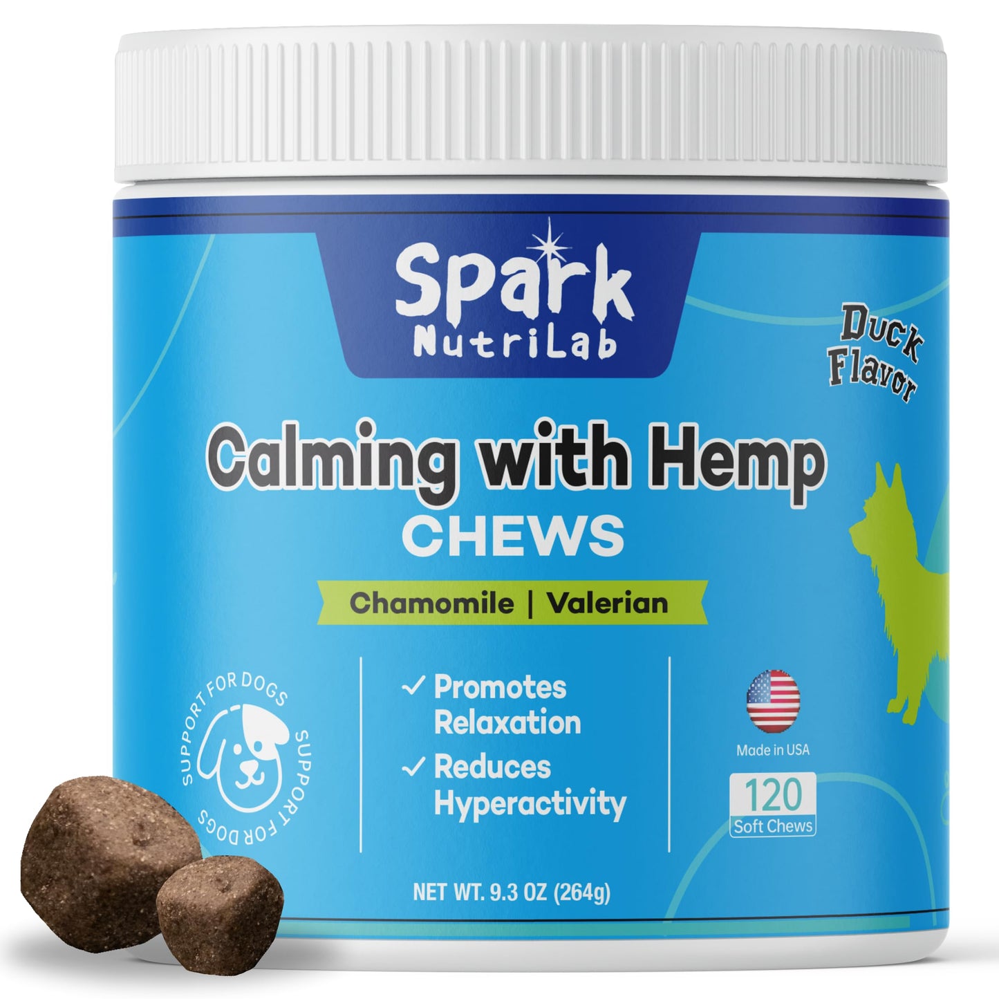 Spark NutriLab Calming Chews for Dogs - 120 Count Soft Chews for Anxiety Relief with Hemp Chamomile & Valerian - Duck Flavor Natural Ingredients for Stress Barking & Separation - for All Dog Sizes