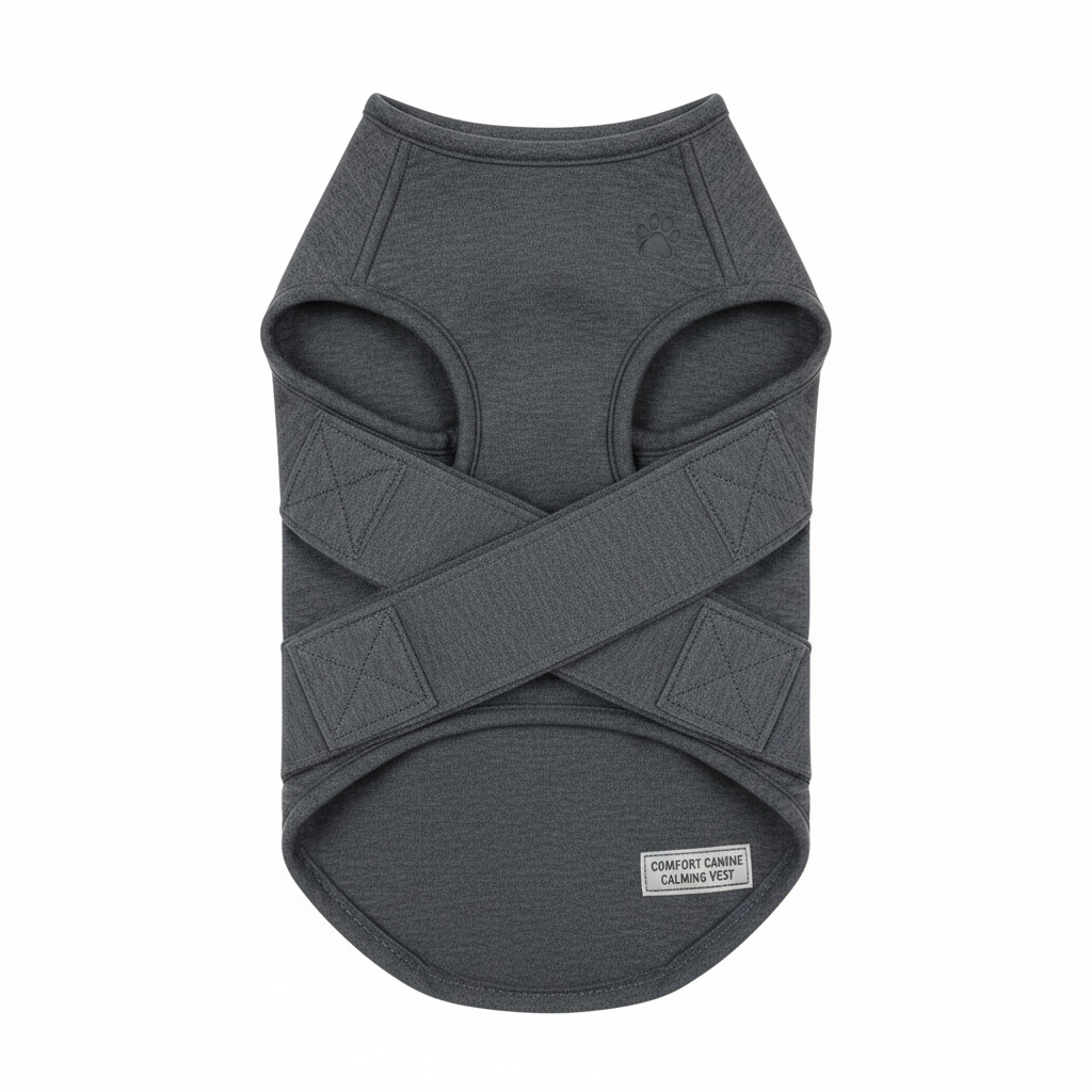 Comforting dog anxiety relief jacket for pets during stress, like storms or travel. Soft, breathable cotton in deep gray.
