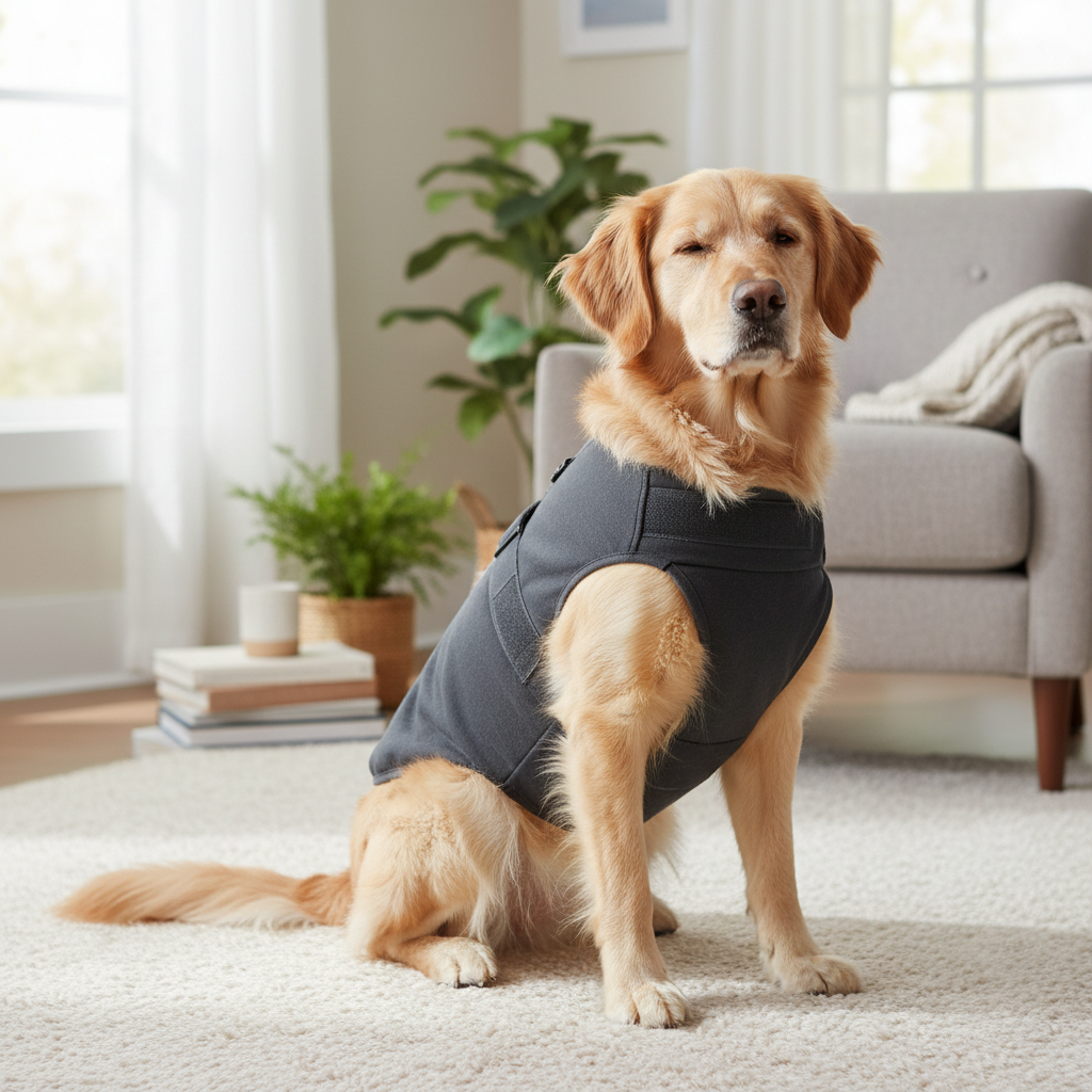 Comforting dog anxiety relief jacket for pets during stress, like storms or travel. Soft, breathable cotton in deep gray.
