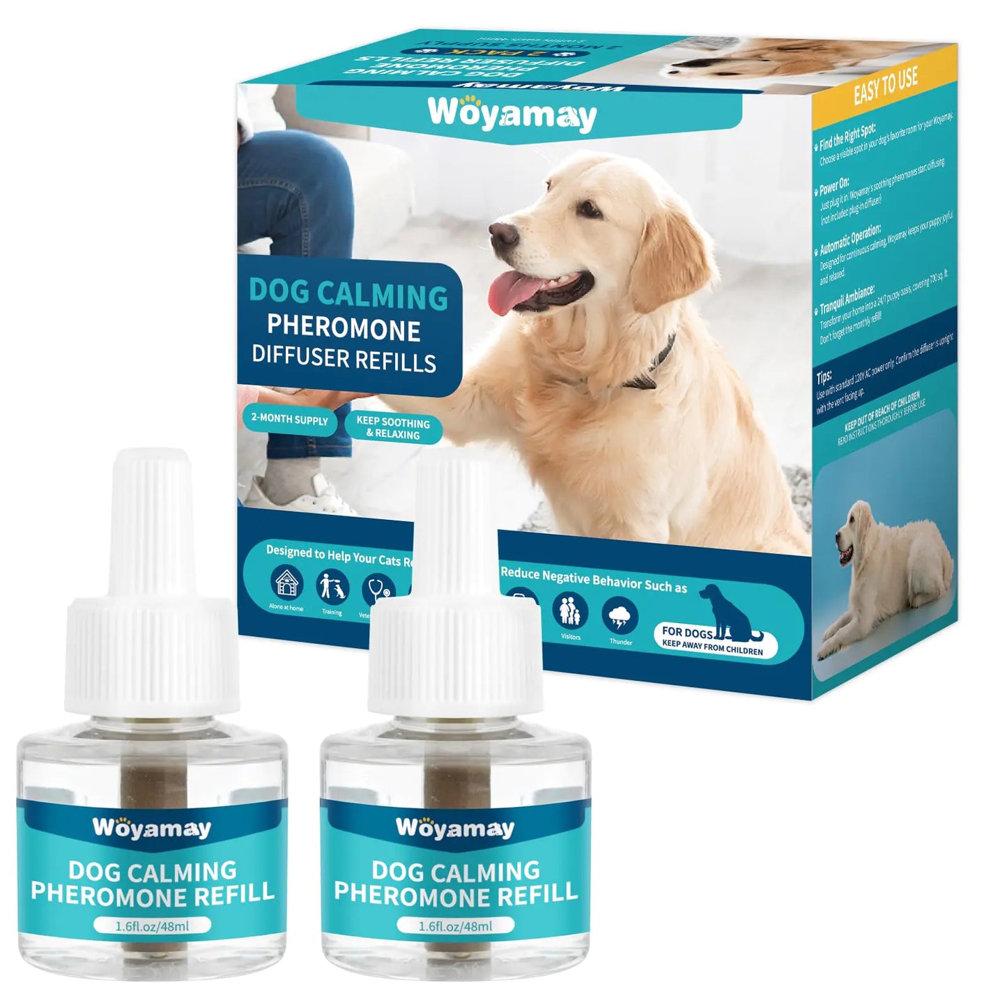 Woyamay dog calming pheromone diffuser refills with packaging on a white background