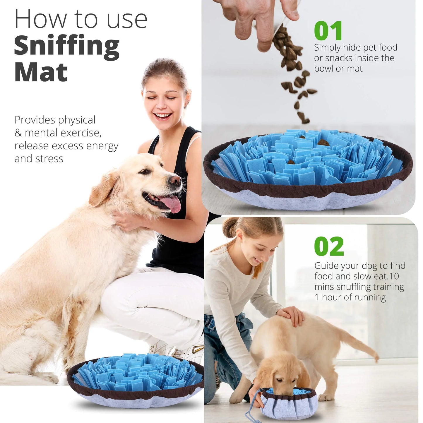 Instructions on how to use a sniffing mat for dogs, showing a woman with a dog and two people with puppies.