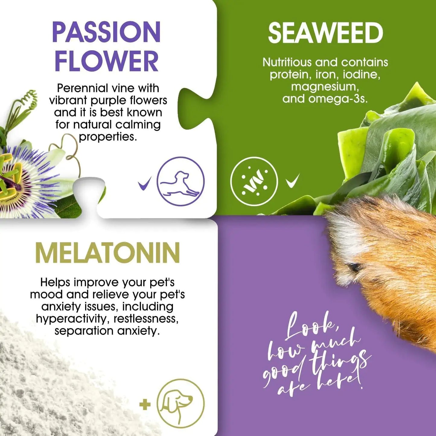 Product packaging with text about passion flower, seaweed, and melatonin for pets.
