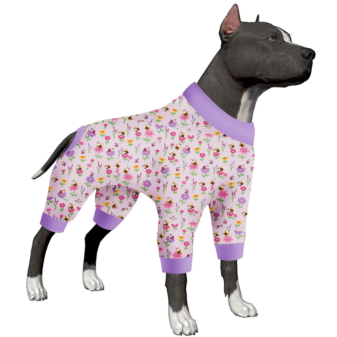 LovinPet Dog Clothes for Large Dogs Girl XXL - Dog Anxiety Calming ShirtLightweight Anti Licking Dog PajamasPink Bees & Flowers Pink Print4 Legged Large Dog Clothes for PartiesCampingTravel2XL